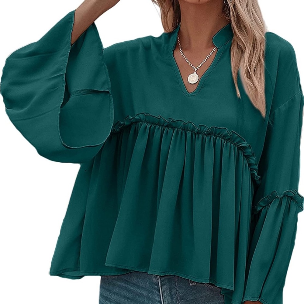 V Neck Bell Long Sleeve Ruffle Hem Peplum Blouse Green size Large